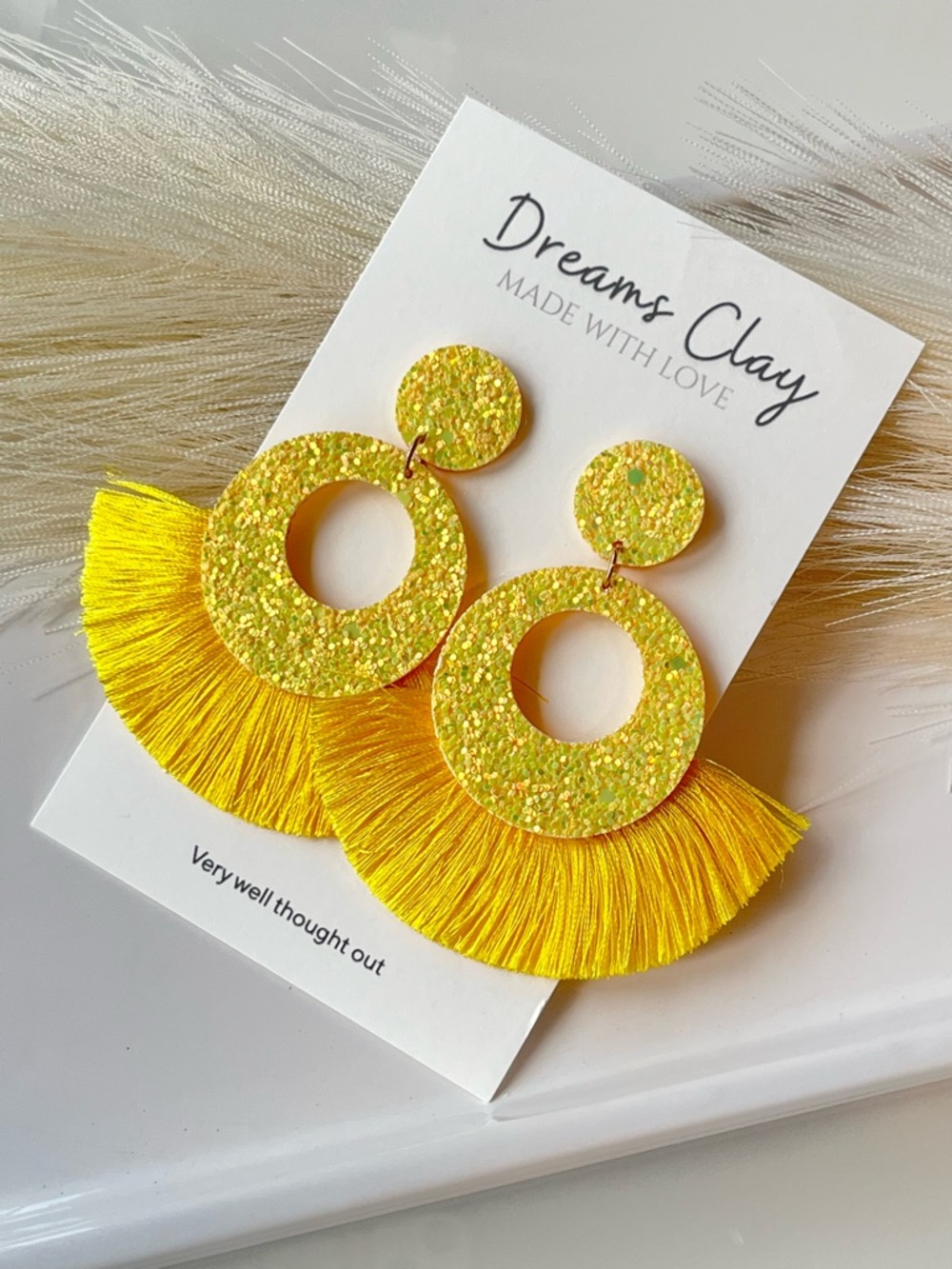 Yellow Glitter Fringe Hoop Earrings